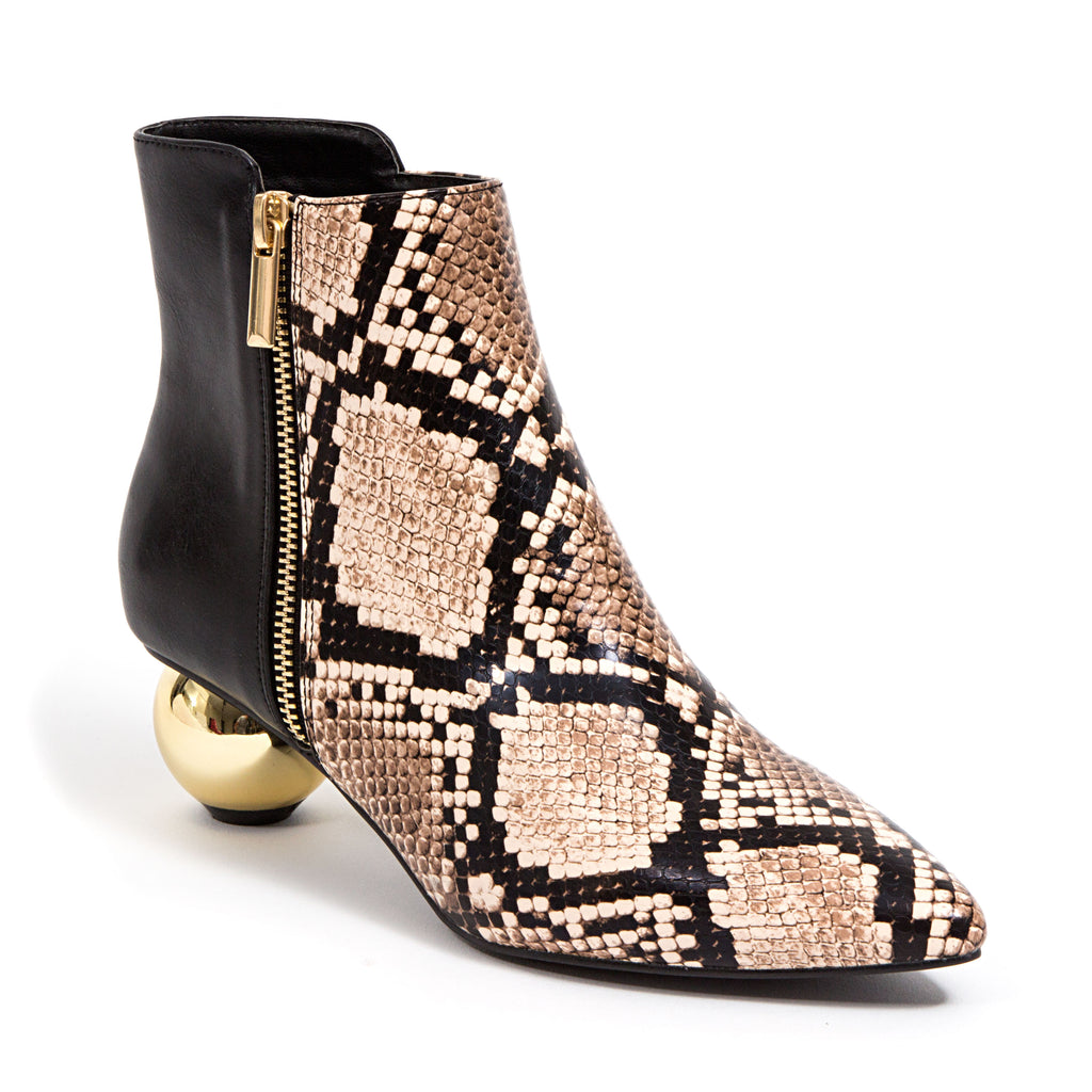 Short Snake Vamp Bootie with Round Metallic Heel