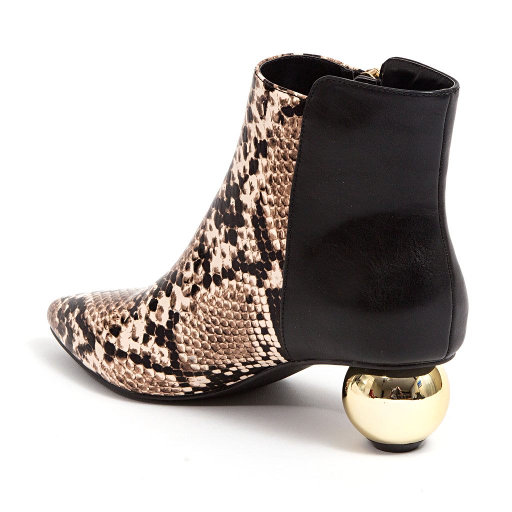 Short Snake Vamp Bootie with Round Metallic Heel