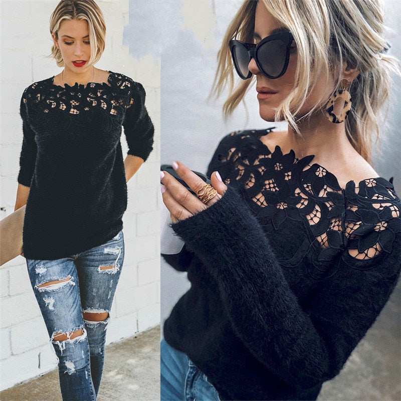 Women's Loose Knitted O Neck Floral Collar Sweater