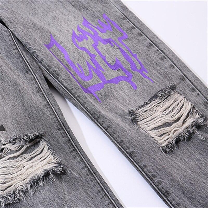 Men Jogger Denim Pants Skinny Washed Distressed Graffiti