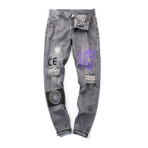 Men Jogger Denim Pants Skinny Washed Distressed Graffiti