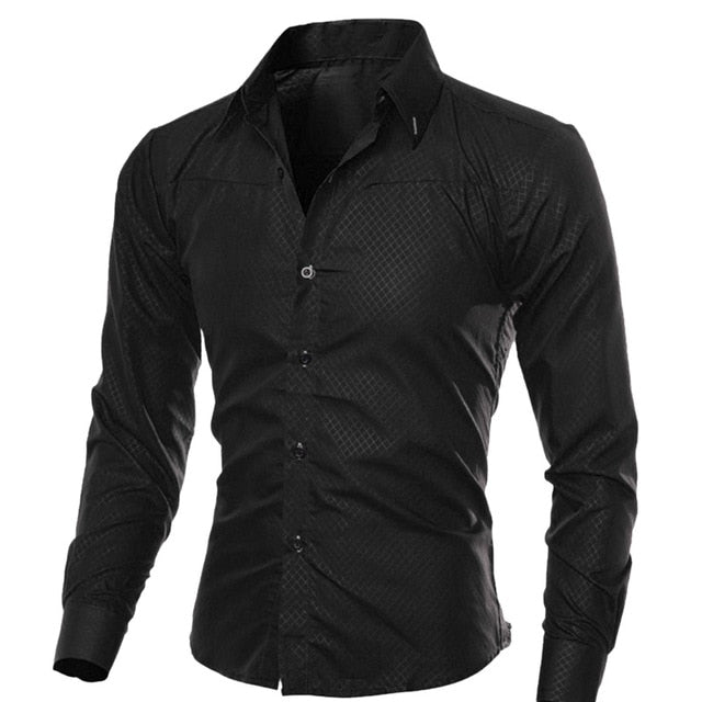 Men's Slim Fit Long Sleeve Dark Solid Color Lapel Casual Shirt