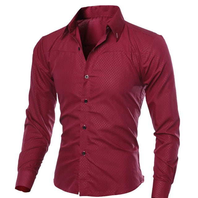 Men's Slim Fit Long Sleeve Dark Solid Color Lapel Casual Shirt