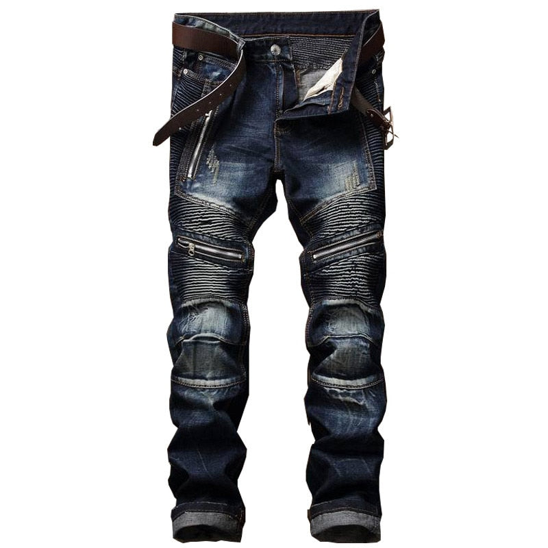 Men's Straight Washed Multi Zipper Jeans