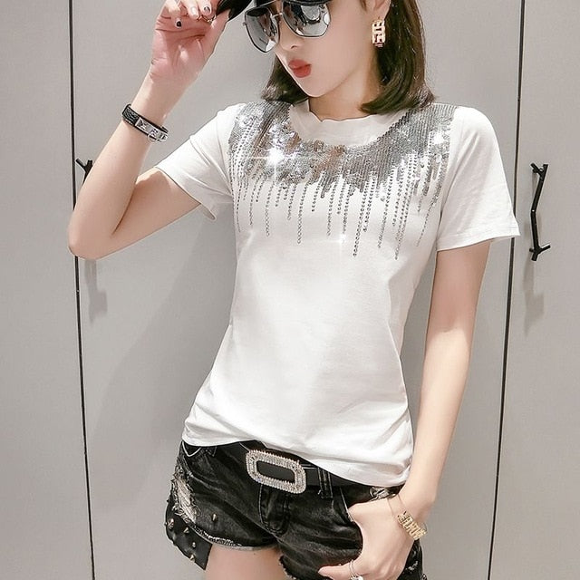 Solid Sequins Diamonds O-Neck Tshirt for Women