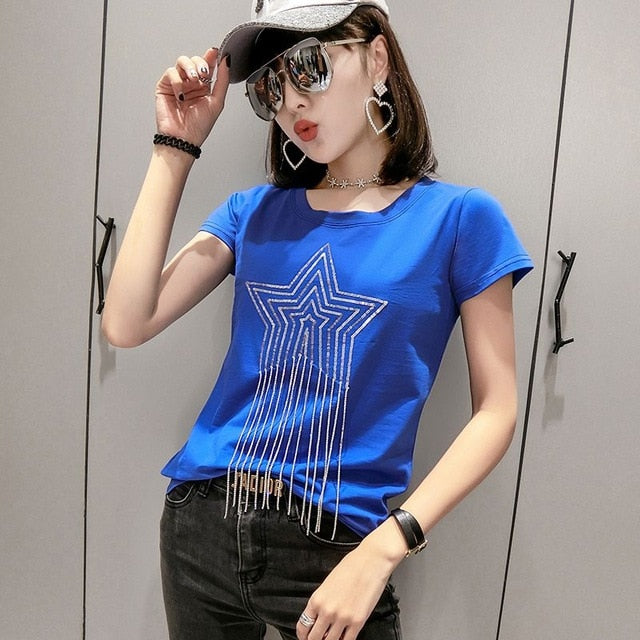 Solid Sequins Diamonds O-Neck Tshirt for Women