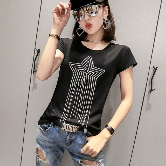 Solid Sequins Diamonds O-Neck Tshirt for Women