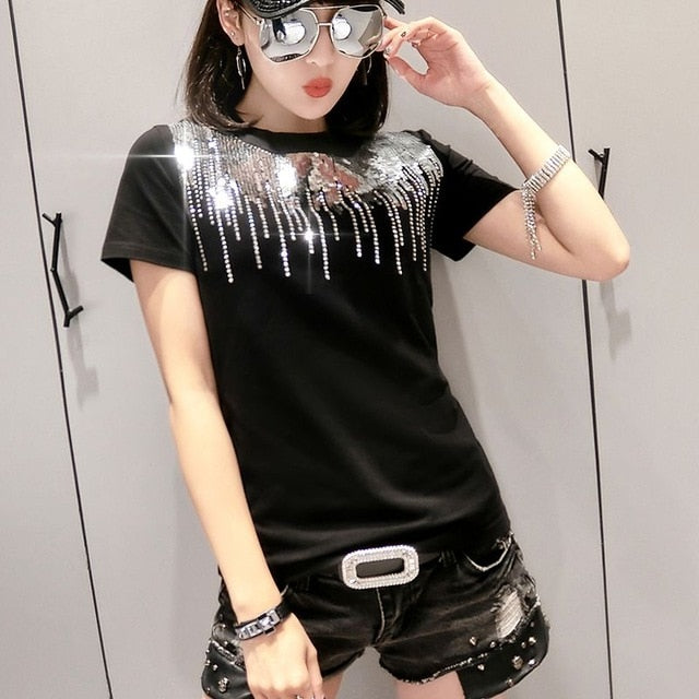 Solid Sequins Diamonds O-Neck Tshirt for Women