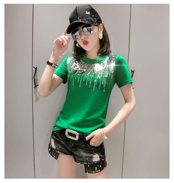 Solid Sequins Diamonds O-Neck Tshirt for Women