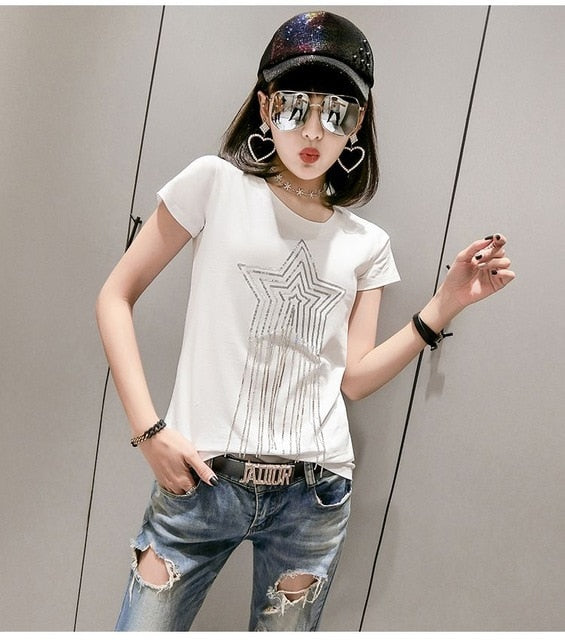 Solid Sequins Diamonds O-Neck Tshirt for Women