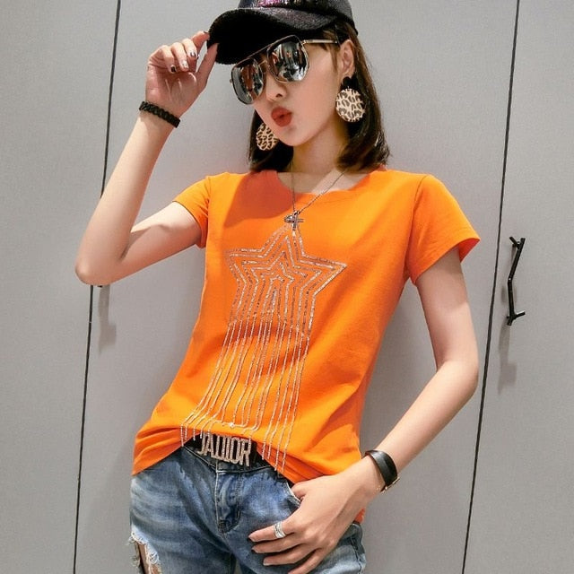 Solid Sequins Diamonds O-Neck Tshirt for Women