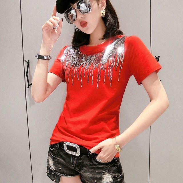 Solid Sequins Diamonds O-Neck Tshirt for Women