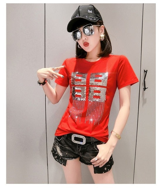 Solid Sequins Diamonds O-Neck Tshirt for Women