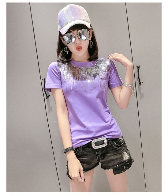 Solid Sequins Diamonds O-Neck Tshirt for Women