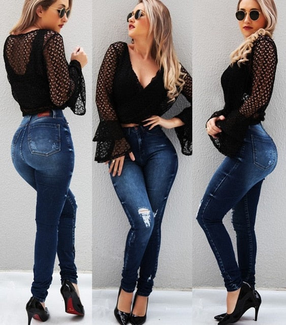 Women Sexy Ripped Jeans High Waist Skinny Butt Lifting