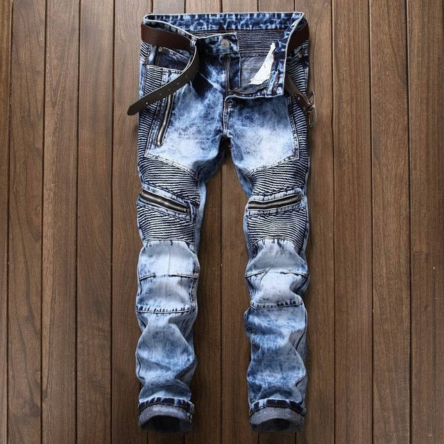 Men's Straight Washed Multi Zipper Jeans