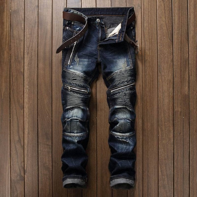 Men's Straight Washed Multi Zipper Jeans