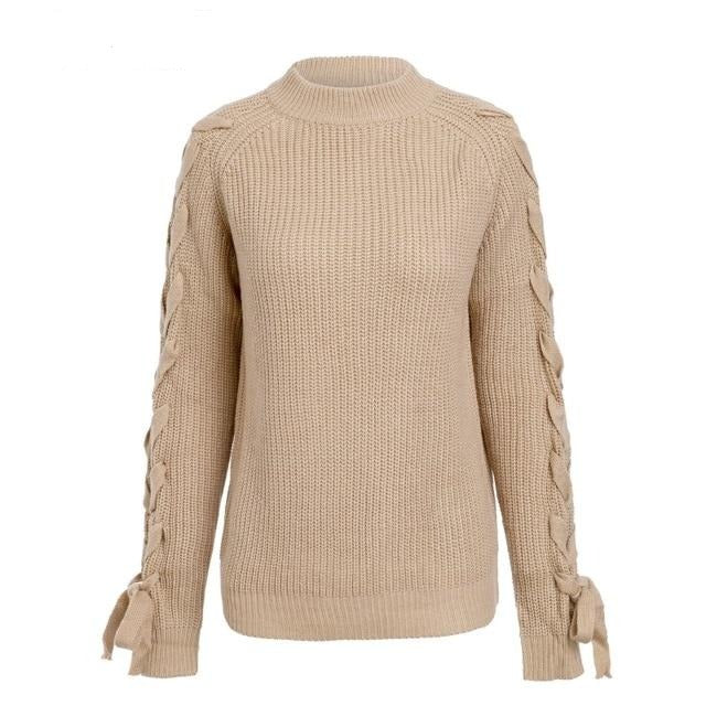 Women's O Neck Knitted Braided Sleeves Sweater