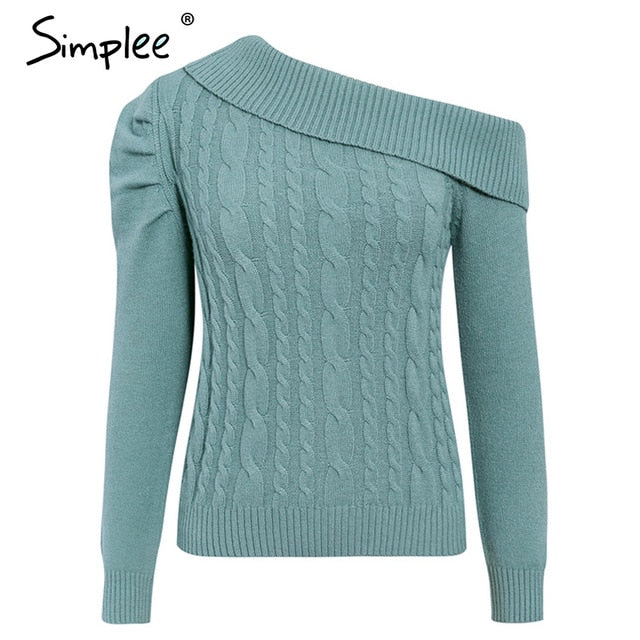 Women's Sexy Knit Asymmetrical Puff Off Shoulder Sweater