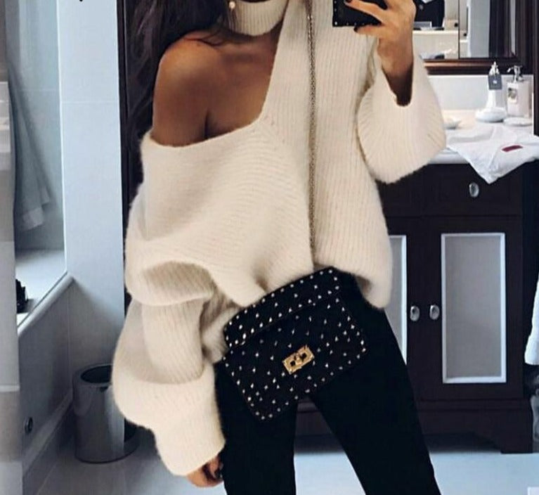 Women's Sexy Halter Cold Shoulder Knitted V-Neck Sweater