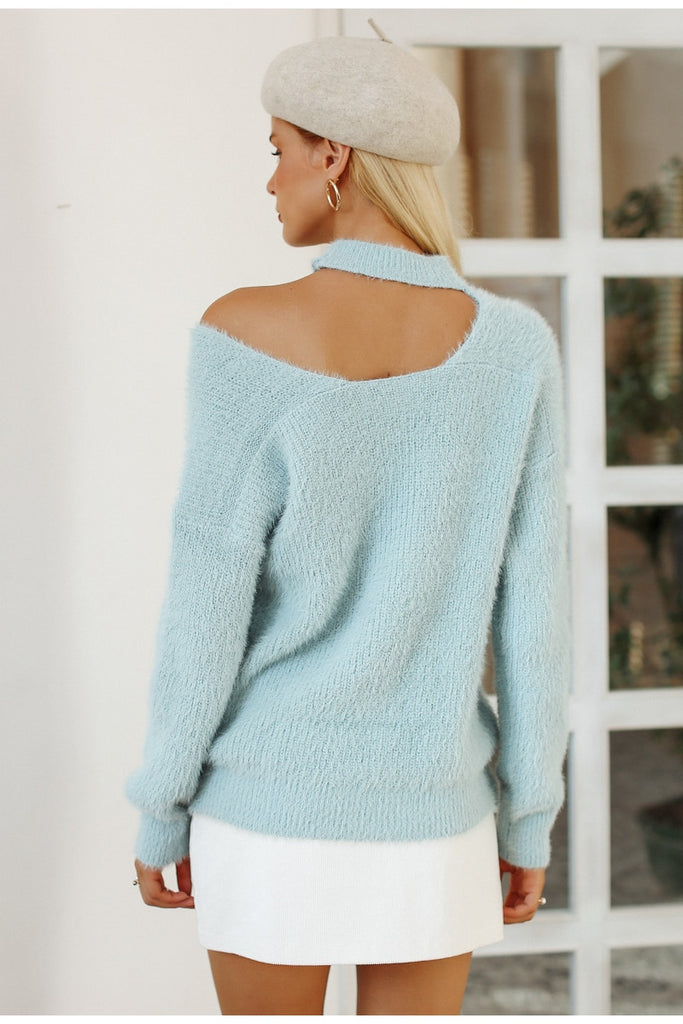 Women's Sexy Halter Cold Shoulder Knitted V-Neck Sweater