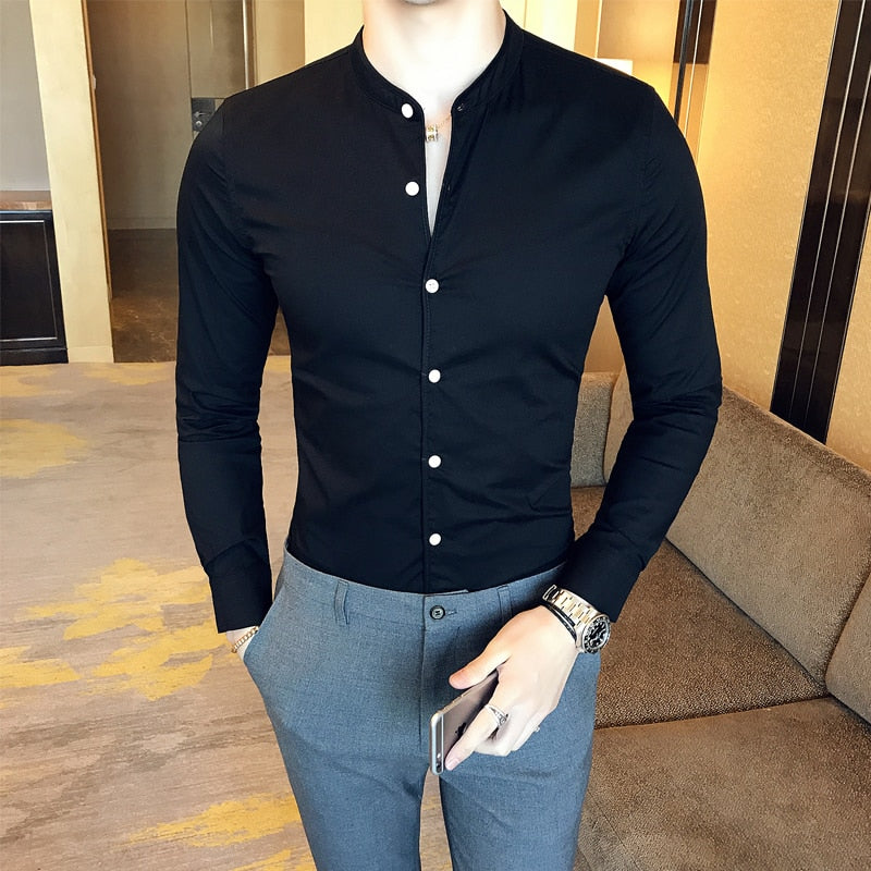 Quality Men Black Casual Long Sleeve Dress Shirts Slim Fit