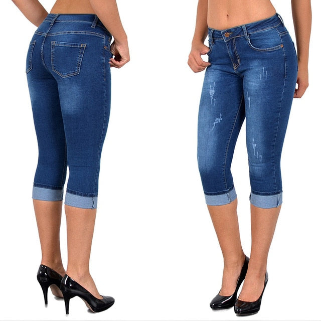 Women High Waist Stretch Crop Jeans