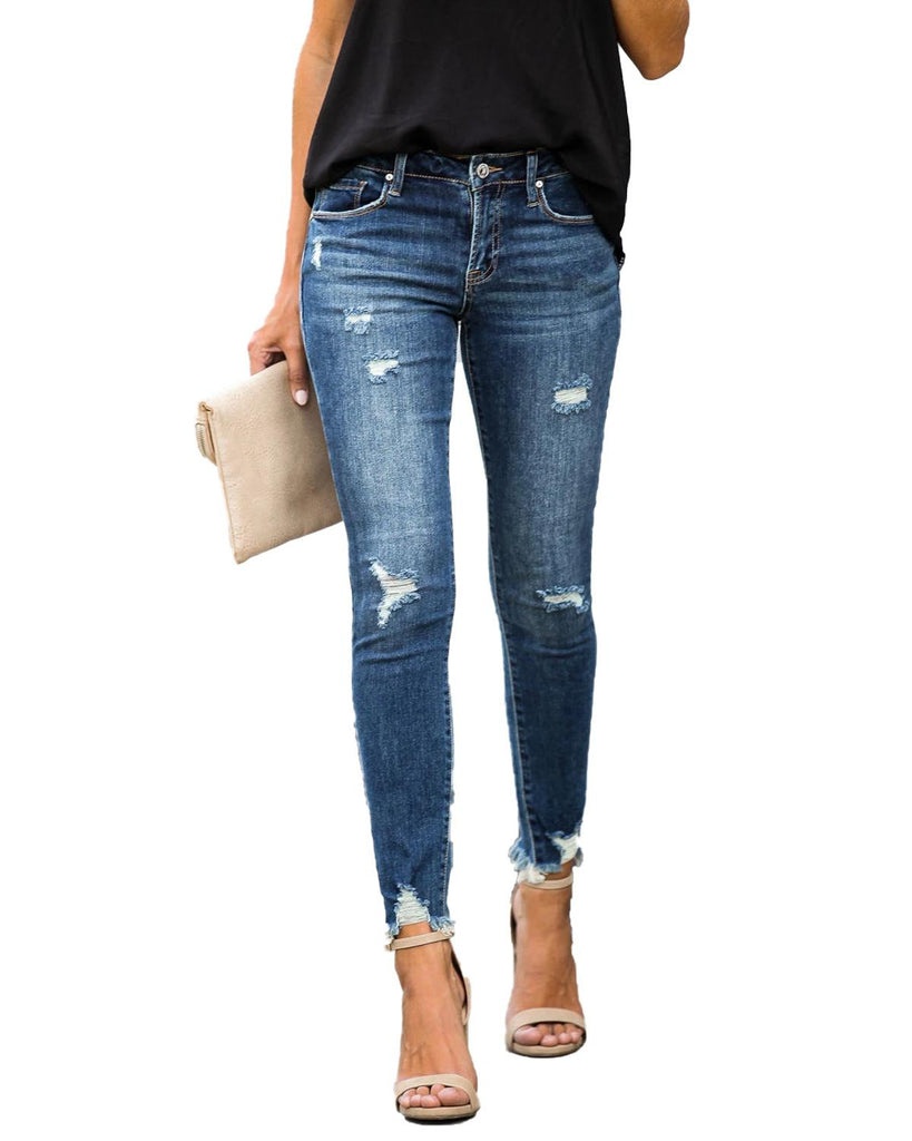 New Women Mid-Waist Distressed Skinny Vintage Distressed Denim Jeans