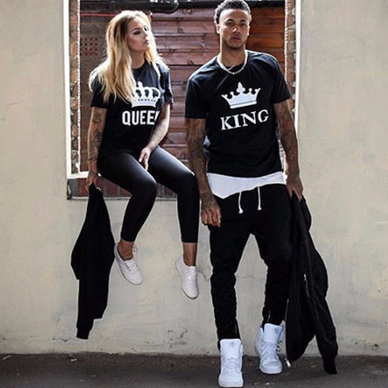 KING QUEEN Letter Printed Black Tshirt