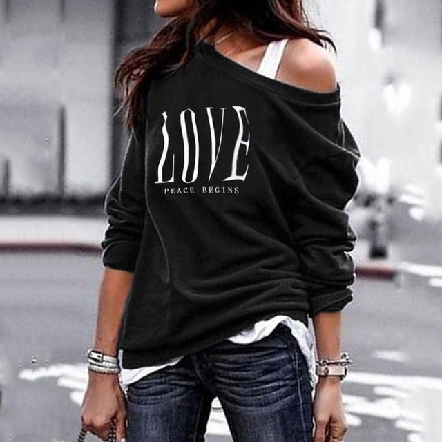 NEW "LOVE" Women's One Shoulder Casual Letter Print Long Sleeve T-Shirt