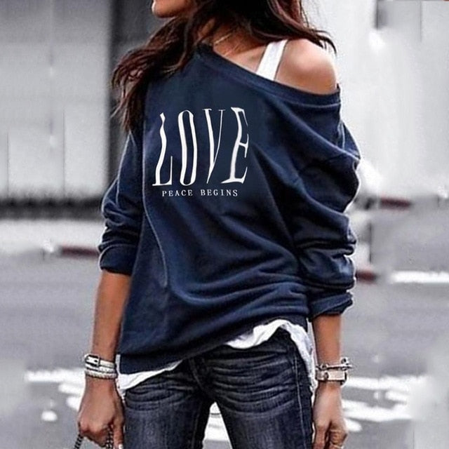 NEW "LOVE" Women's One Shoulder Casual Letter Print Long Sleeve T-Shirt