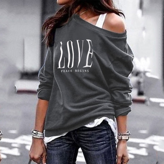 NEW "LOVE" Women's One Shoulder Casual Letter Print Long Sleeve T-Shirt