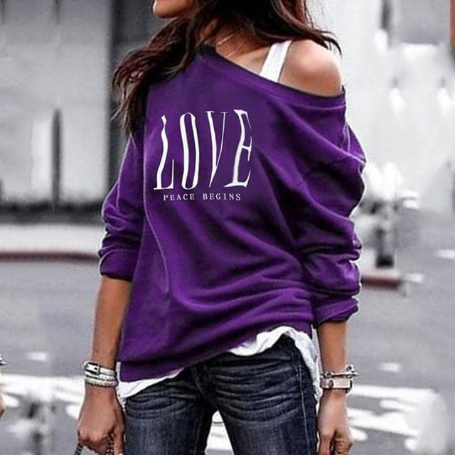 NEW "LOVE" Women's One Shoulder Casual Letter Print Long Sleeve T-Shirt