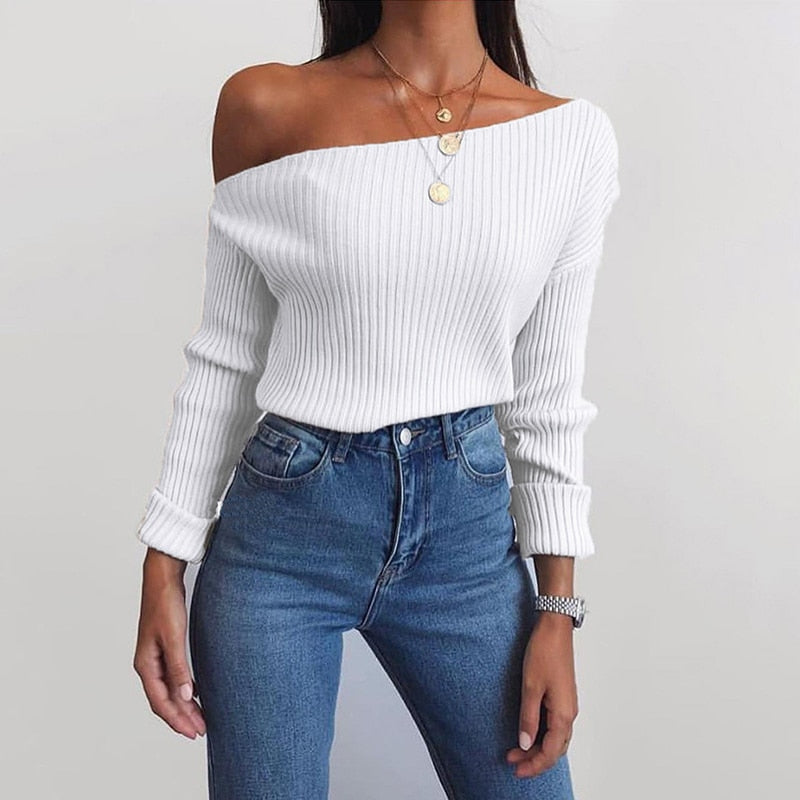 Women's Oblique Collar Sexy Asymmetrical Knitted Sweater