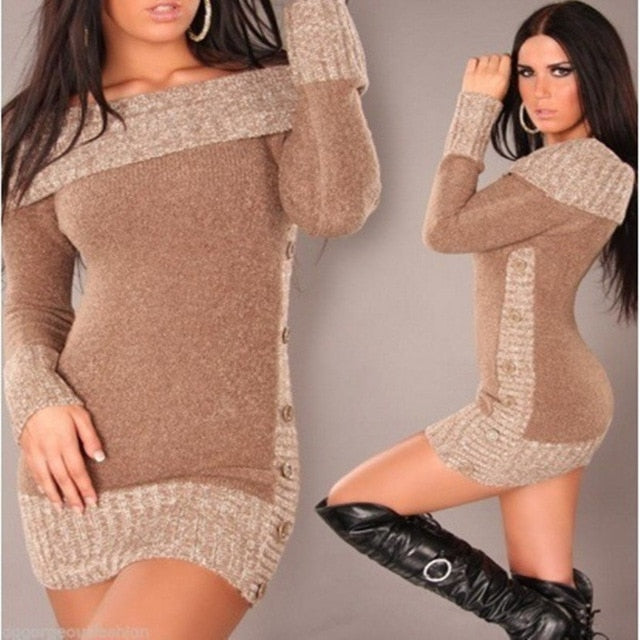 Women's Sexy Slash Neck Long Pullover Sweater