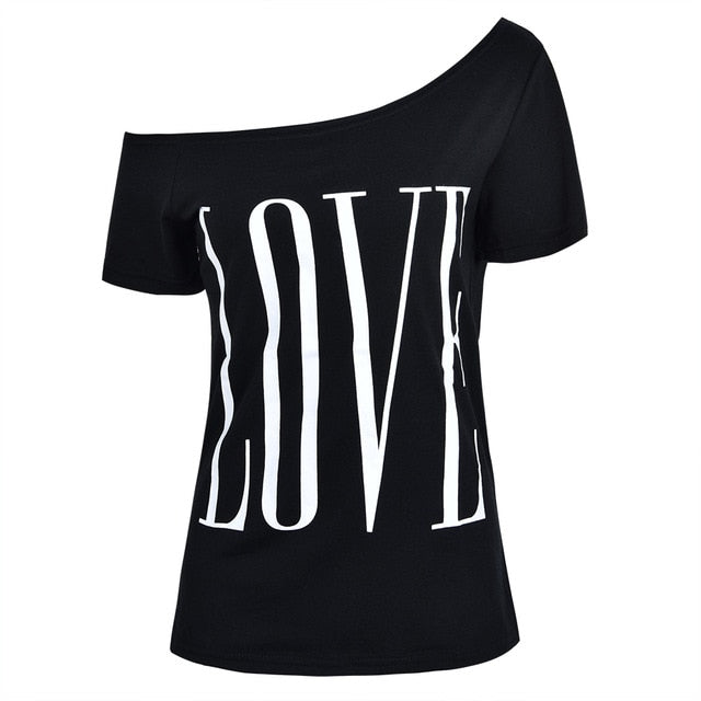 Women's T-Shirt Casual Short Sleeve Off Shoulder "Love" Print