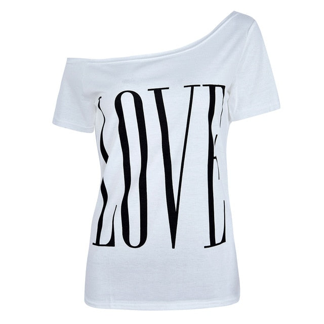 Women's T-Shirt Casual Short Sleeve Off Shoulder "Love" Print