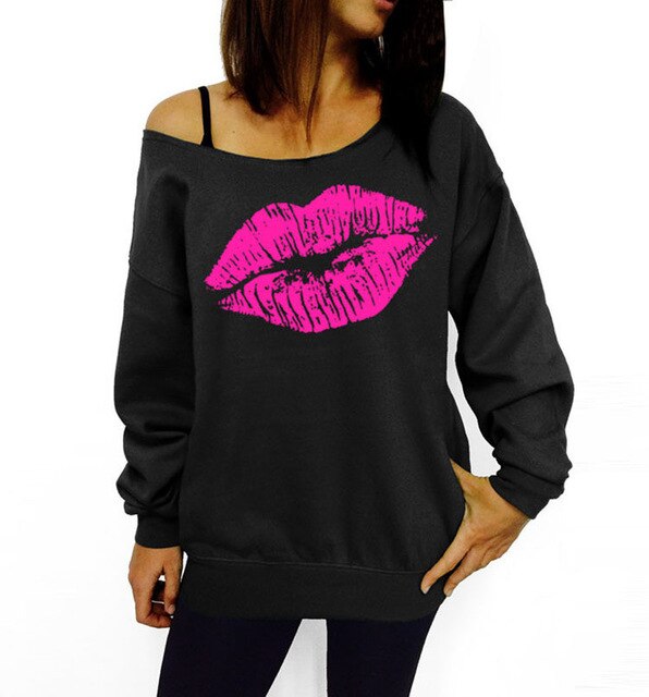 Women Sexy Casual Off the Shoulder Pullover Printed Lip Sweatshirt