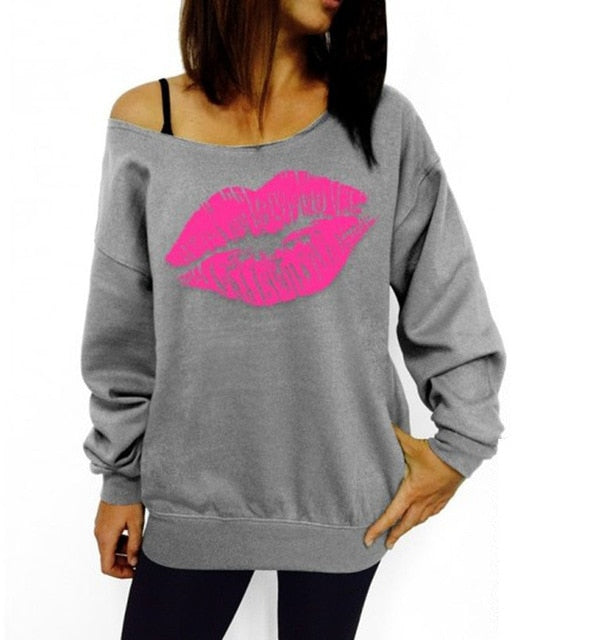 Women Sexy Casual Off the Shoulder Pullover Printed Lip Sweatshirt