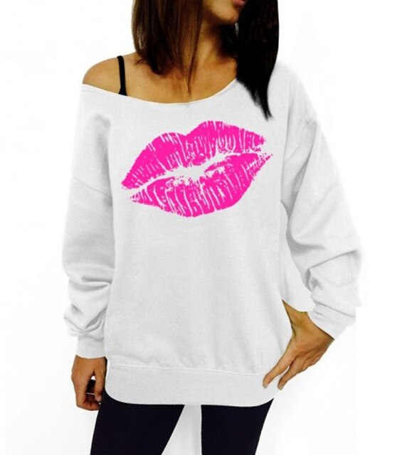 Women Sexy Casual Off the Shoulder Pullover Printed Lip Sweatshirt