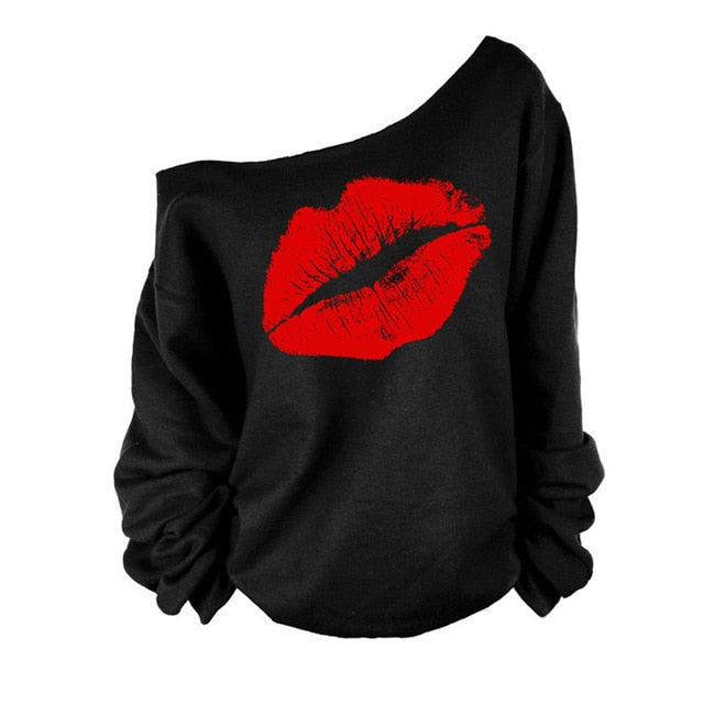 Women Sexy Casual Off the Shoulder Pullover Printed Lip Sweatshirt