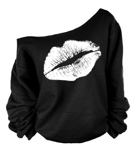 Women Sexy Casual Off the Shoulder Pullover Printed Lip Sweatshirt