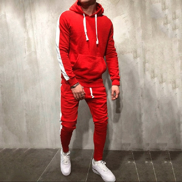 Men's Tracksuit Hooded Sweatshirt + Drawstring Pants Male Striped Patchwork