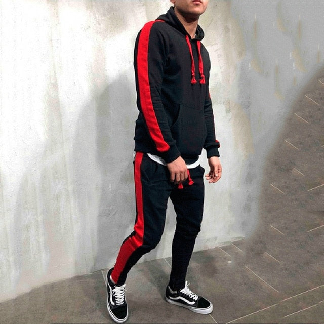 Men's Tracksuit Hooded Sweatshirt + Drawstring Pants Male Striped Patchwork