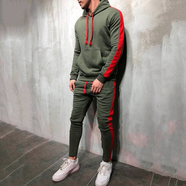 Men's Tracksuit Hooded Sweatshirt + Drawstring Pants Male Striped Patchwork