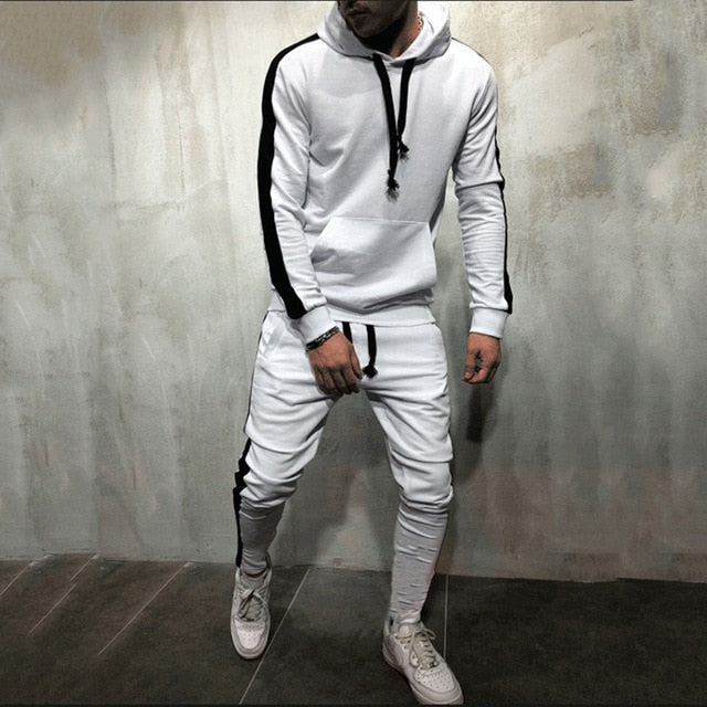 Men's Tracksuit Hooded Sweatshirt + Drawstring Pants Male Striped Patchwork