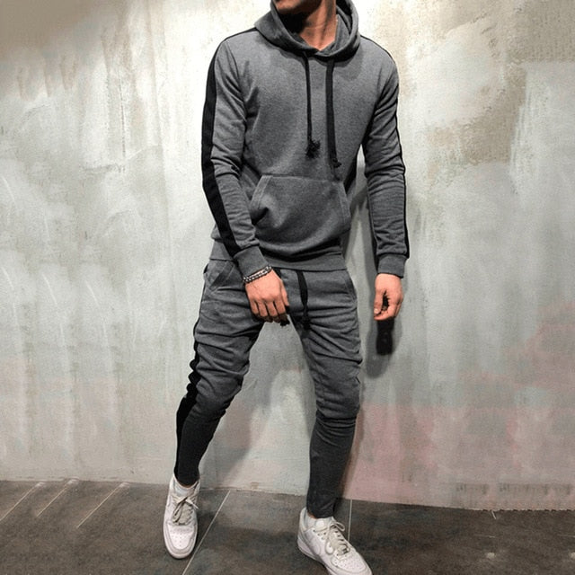 Men's Tracksuit Hooded Sweatshirt + Drawstring Pants Male Striped Patchwork