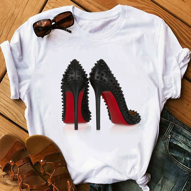 Watercolor high heels shoes print vogue t shirt