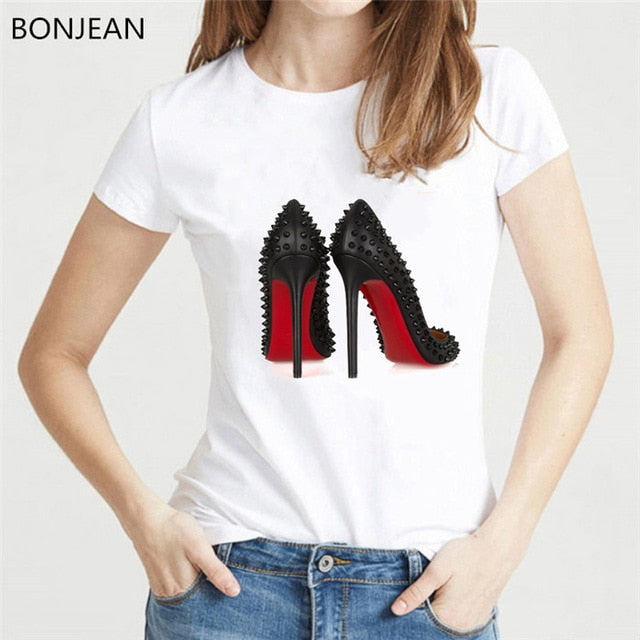 Watercolor high heels shoes print vogue t shirt