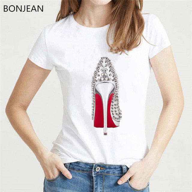 Watercolor high heels shoes print vogue t shirt